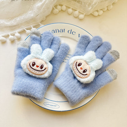Winter Knit Gloves with Plush Doll Decoration Warm Fuzzy Finger Gloves for Parent Child Matching