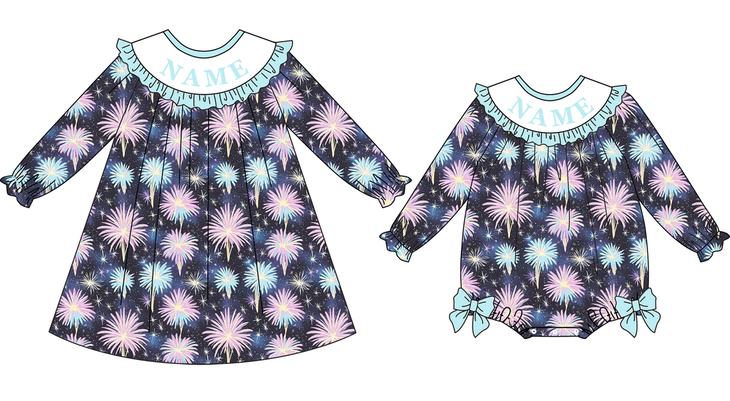 2026 New Year Kids Custom Name Fireworks Embroidery Smock Outfits