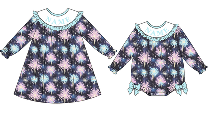 2026 New Year Kids Custom Name Fireworks Embroidery Smock Outfits
