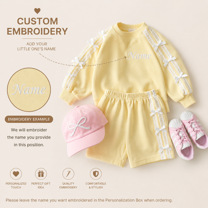 Personalized Girls Cotton 2-Piece Set | Custom Name Embroidery Long Sleeve Top & Shorts Outfit