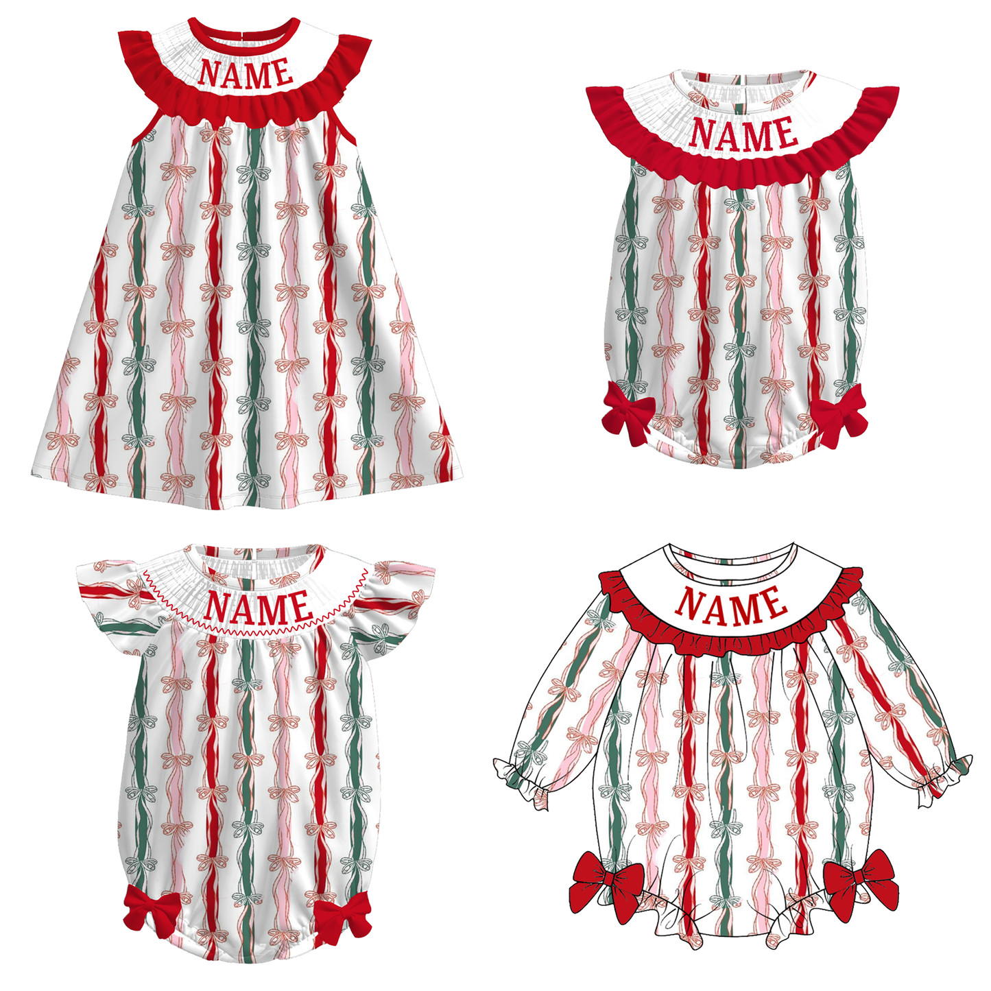 Girls Christmas Red Green Bow Custom Name Dress & Romper