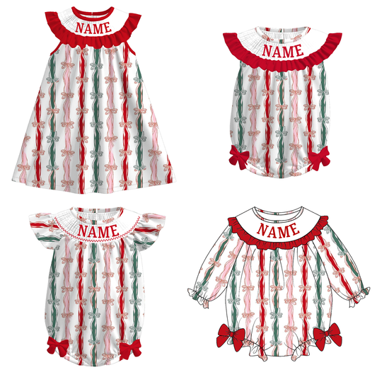 Girls Christmas Red Green Bow Custom Name Dress & Romper
