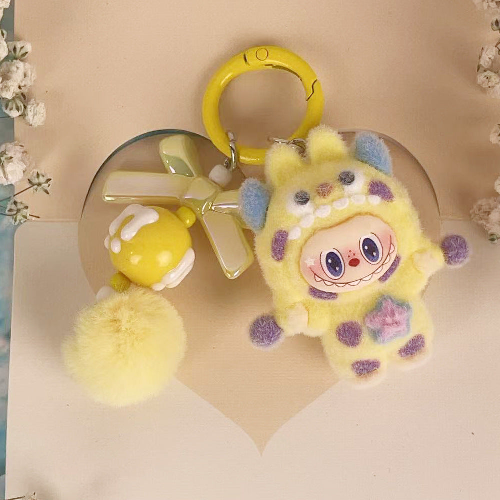 Flocked Labubu Key chain Pom-pom Backpack Charm Trendy Merchandise