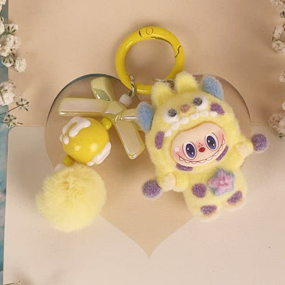 Flocked Labubu Key chain Pom-pom Backpack Charm Trendy Merchandise