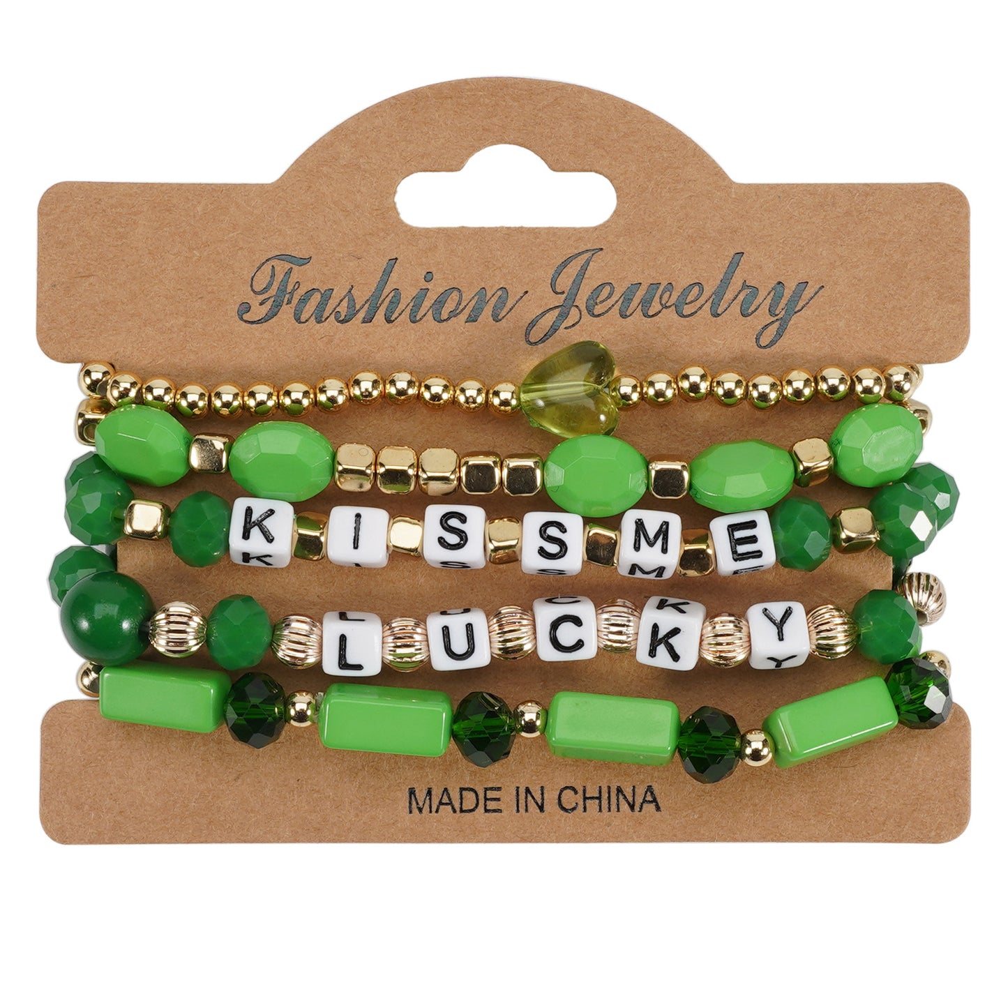 St. Patrick’s Day Green Beaded Bracelet Set with Lucky Shamrock Charm
