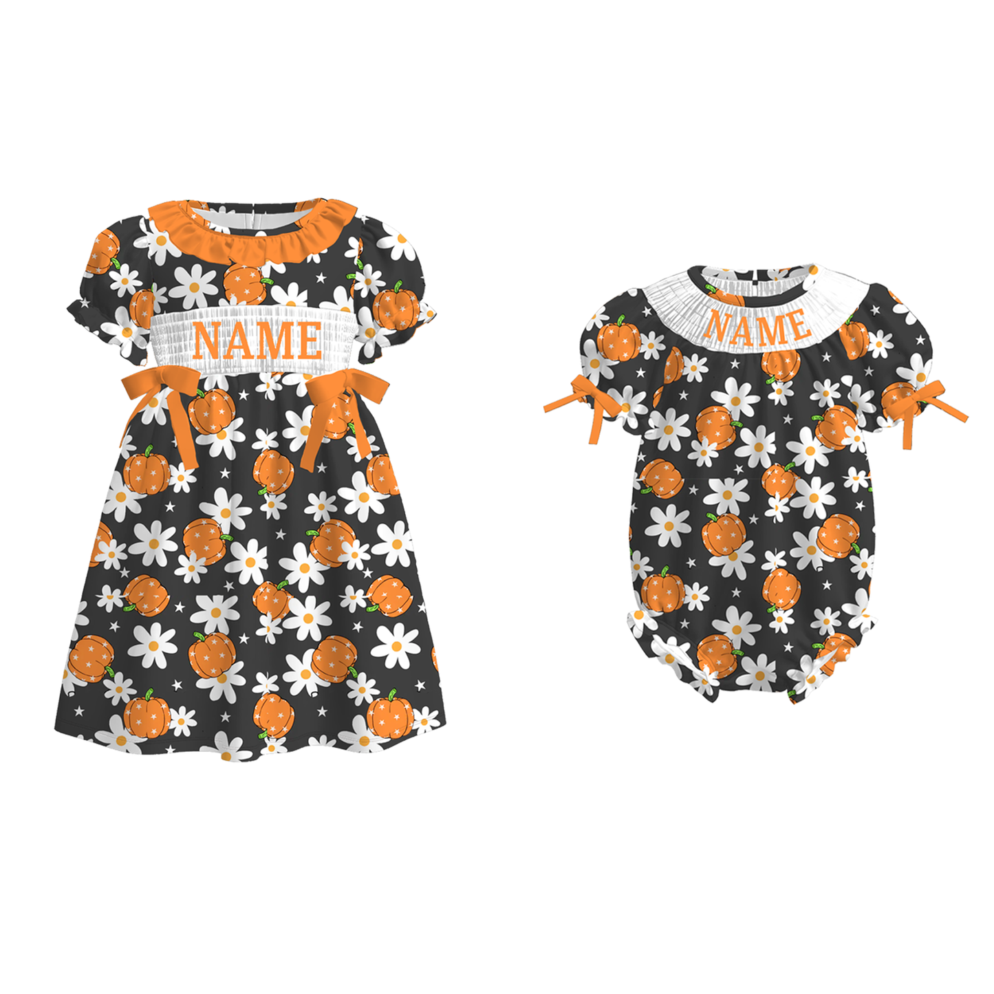 Girls Halloween Pumpkin Flower Custom Name Sibling Clothes