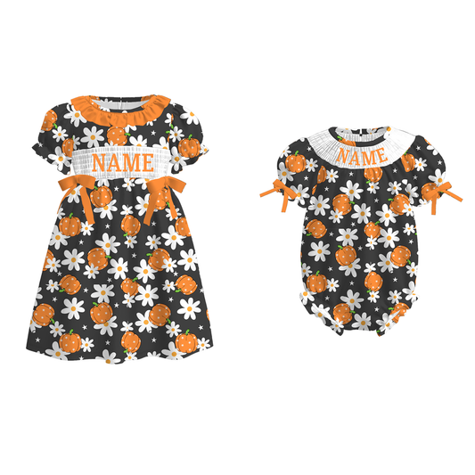 Girls Halloween Pumpkin Flower Custom Name Sibling Clothes