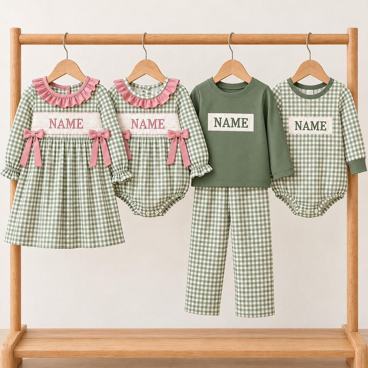 Personalized Sage Green Gingham Smocked Outfits – Custom Name Embroidery Girls Dress, Baby Rompers & Boys 2-Piece Set