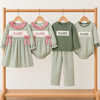 Personalized Sage Green Gingham Smocked Outfits – Custom Name Embroidery Girls Dress, Baby Rompers & Boys 2-Piece Set
