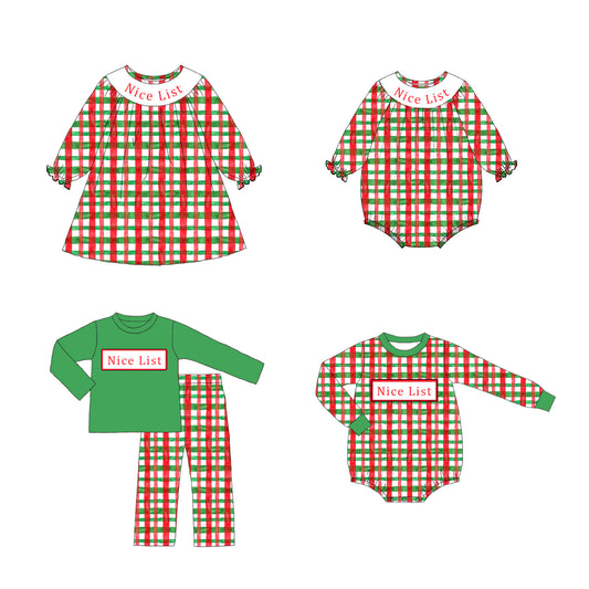 Kids Christmas Red Green Plaid NICE LIST Embroidery Sibling Clothes