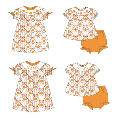 Girls Halloween Pumpkin Smocked Embroidery Custom Name Dress & Baby Set
