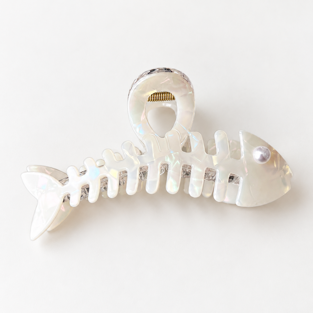 Iridescent Fishbone Hair Claw Clip – Acetate-Look Fish Skeleton Clip with Faux Pearl Eye