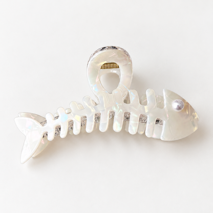 Iridescent Fishbone Hair Claw Clip – Acetate-Look Fish Skeleton Clip with Faux Pearl Eye