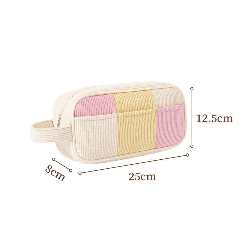 Color Block Corduroy Makeup Bag – Large Capacity Cosmetic Storage Pouch with Handle
