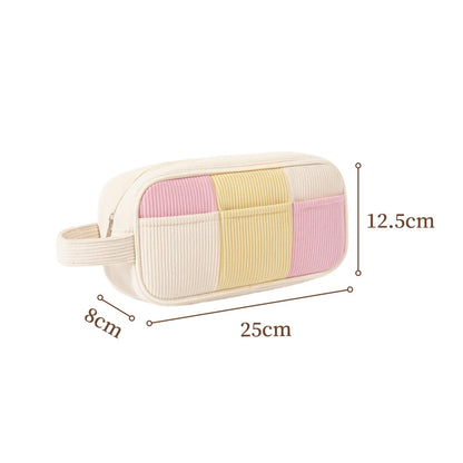 Color Block Corduroy Makeup Bag – Large Capacity Cosmetic Storage Pouch with Handle