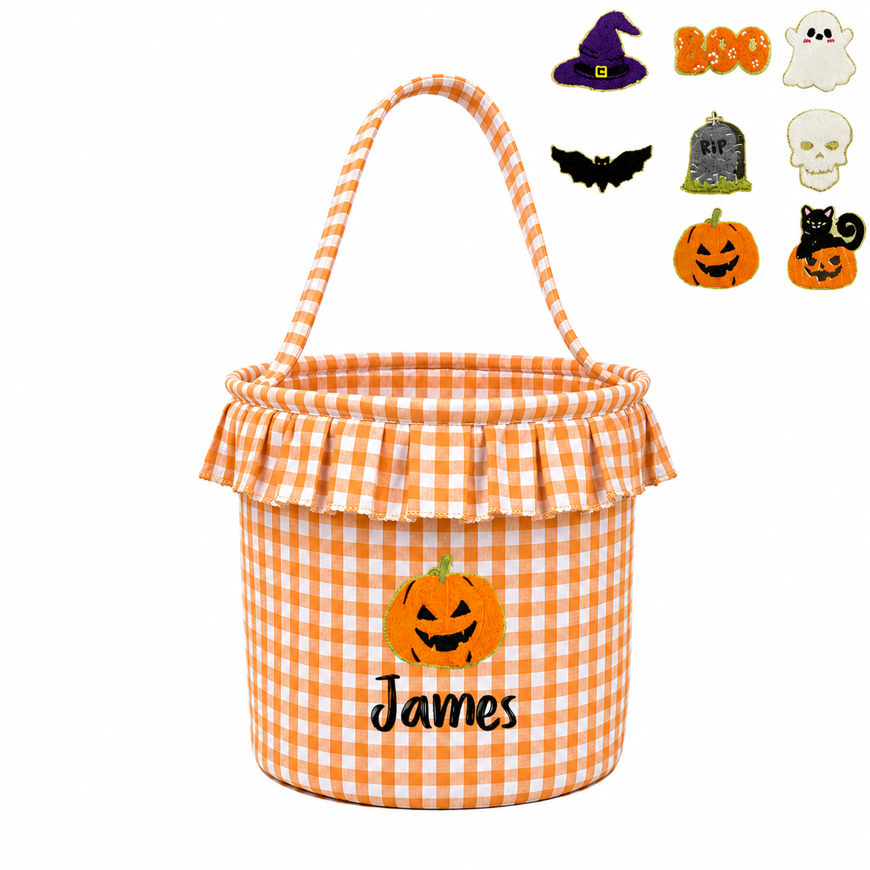 Personalized Halloween Trick or Treat Basket for Kids – Custom Name, Embroidered Patch & Gingham Candy Bucket