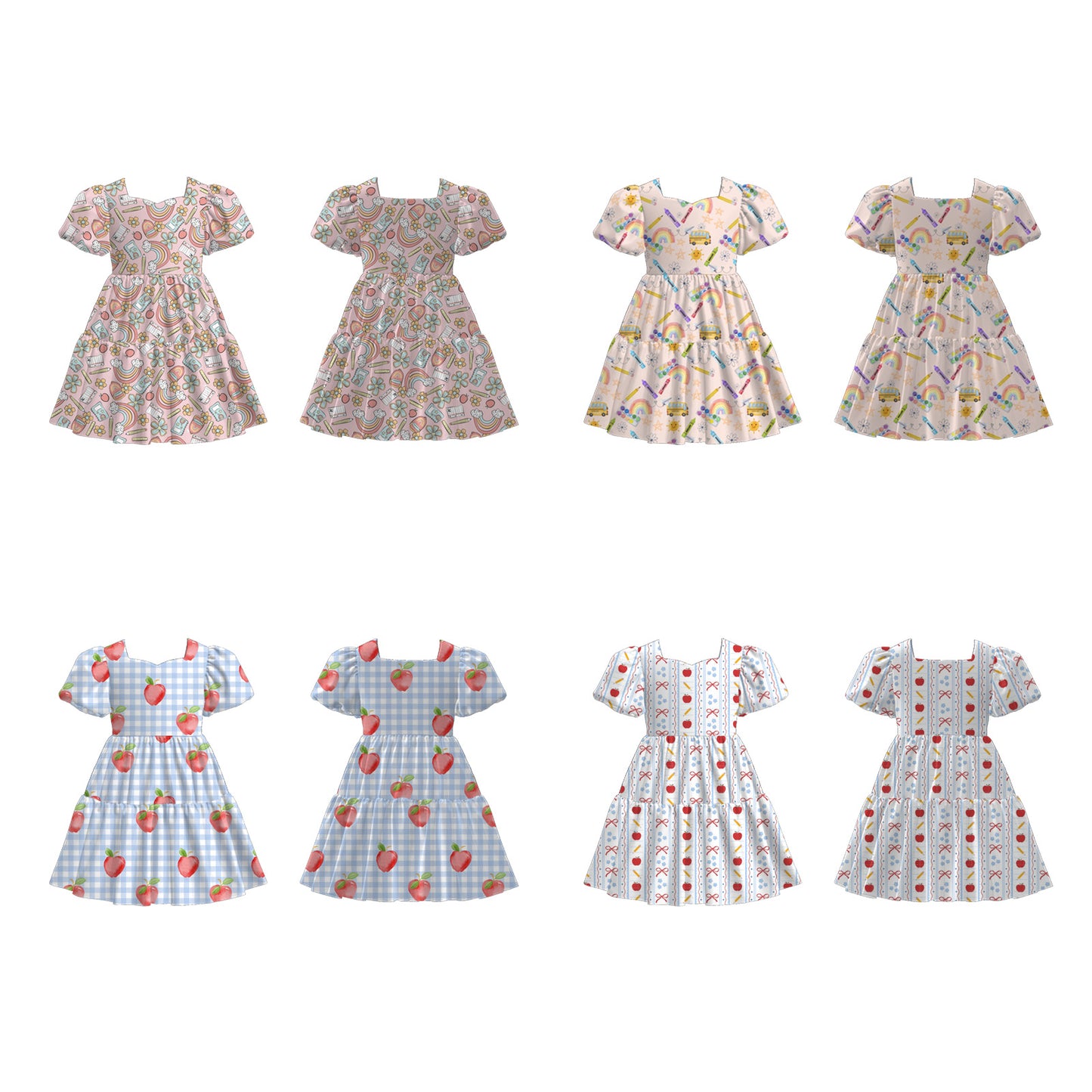 Girls Back To School Print Fashion Puff Sleeves Dress