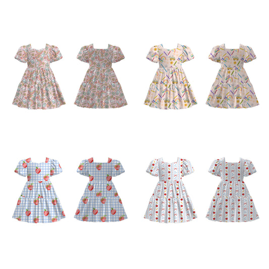 Girls Back To School Print Fashion Puff Sleeves Dress