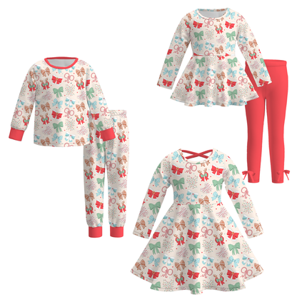 Girls Christmas Red Bow Pajamas Set & Pant Set & Dress