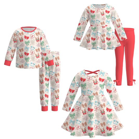 Girls Christmas Red Bow Pajamas Set & Pant Set & Dress