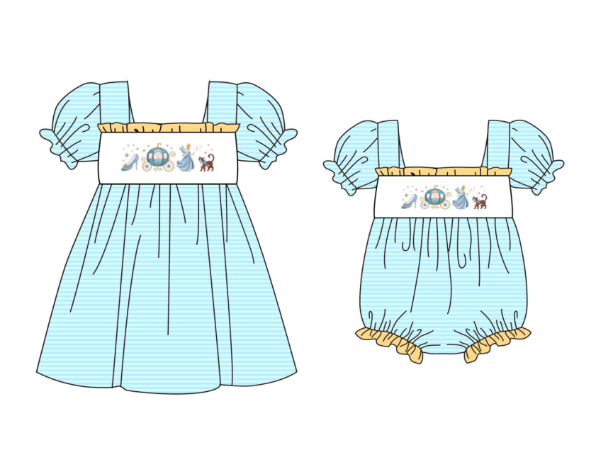 2026 Spring Summer Princess Embroidery Blue Dress & Romper