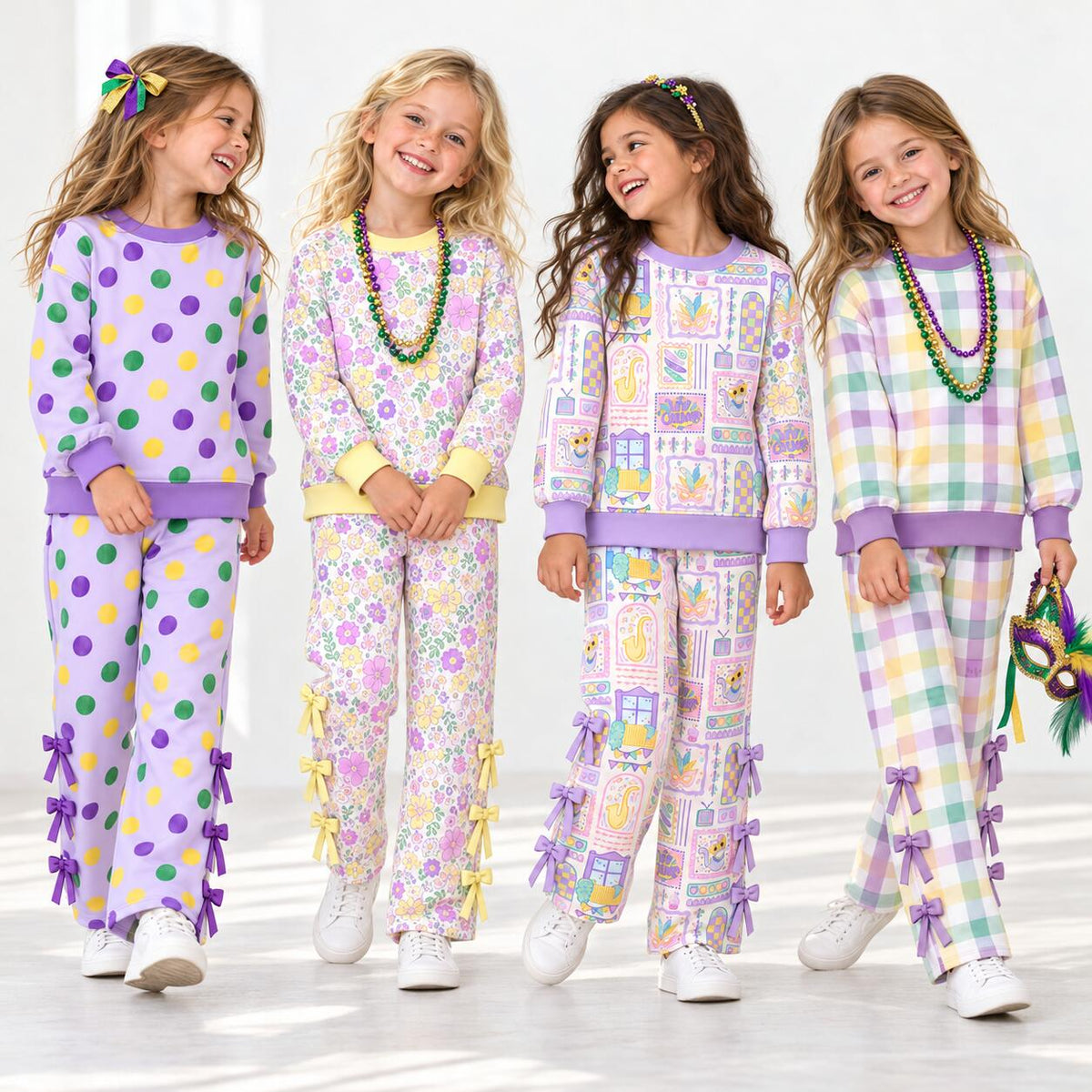 Girls Fall Winter 2-Piece Outfit Set – Colorful Polka Dot Floral Print Sweatshirt & Bow Wide Leg Pants