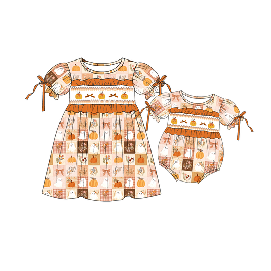 Fall Halloween Pumpkin Ghost Smock Embroidery Dress & Romper