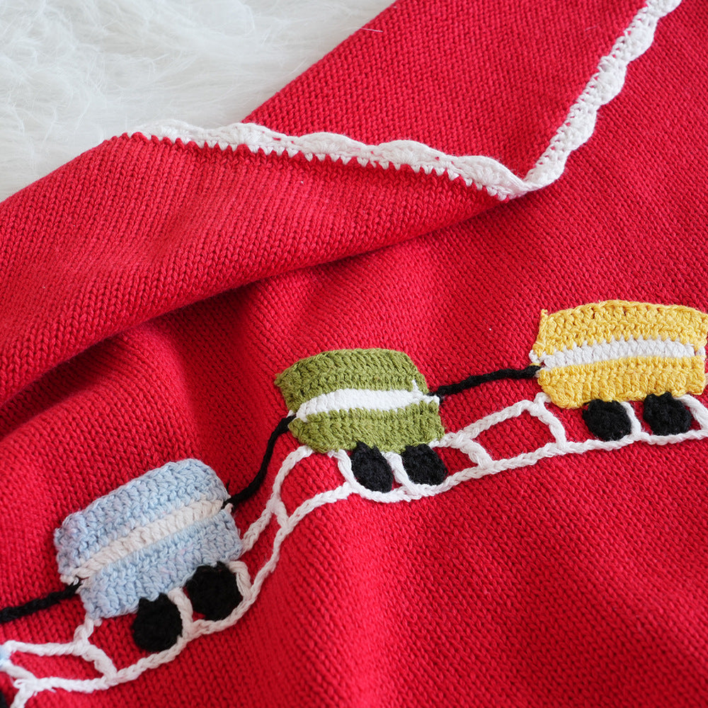 Classic Knitted Baby Blanket – Red Cotton Baby Blanket with Train Embroidery