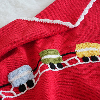 Classic Knitted Baby Blanket – Red Cotton Baby Blanket with Train Embroidery