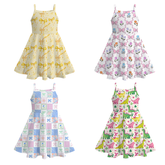 Girls Summer Colorful Bow Dinosoure Print Slip Soft Dress