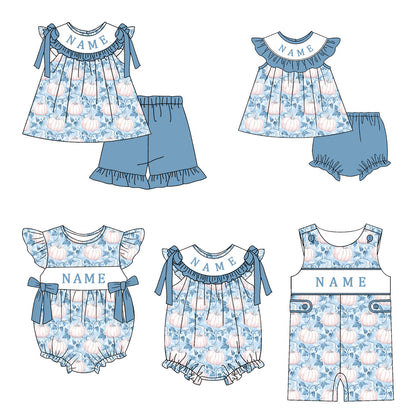 Personalized Blue Pumpkin Collection | Custom Name Dress Set, Bubble Romper, Jon Jon & Longall