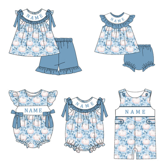 Personalized Blue Pumpkin Collection | Custom Name Dress Set, Bubble Romper, Jon Jon & Longall