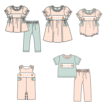 Personalized Pumpkin Smocked Embroidery Collection | Baby Bubble Romper, Long Romper, Dress & Pant Set | Fall & Halloween Boutique Kids Clothing
