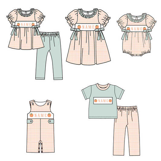 Personalized Pumpkin Smocked Embroidery Collection | Baby Bubble Romper, Long Romper, Dress & Pant Set | Fall & Halloween Boutique Kids Clothing