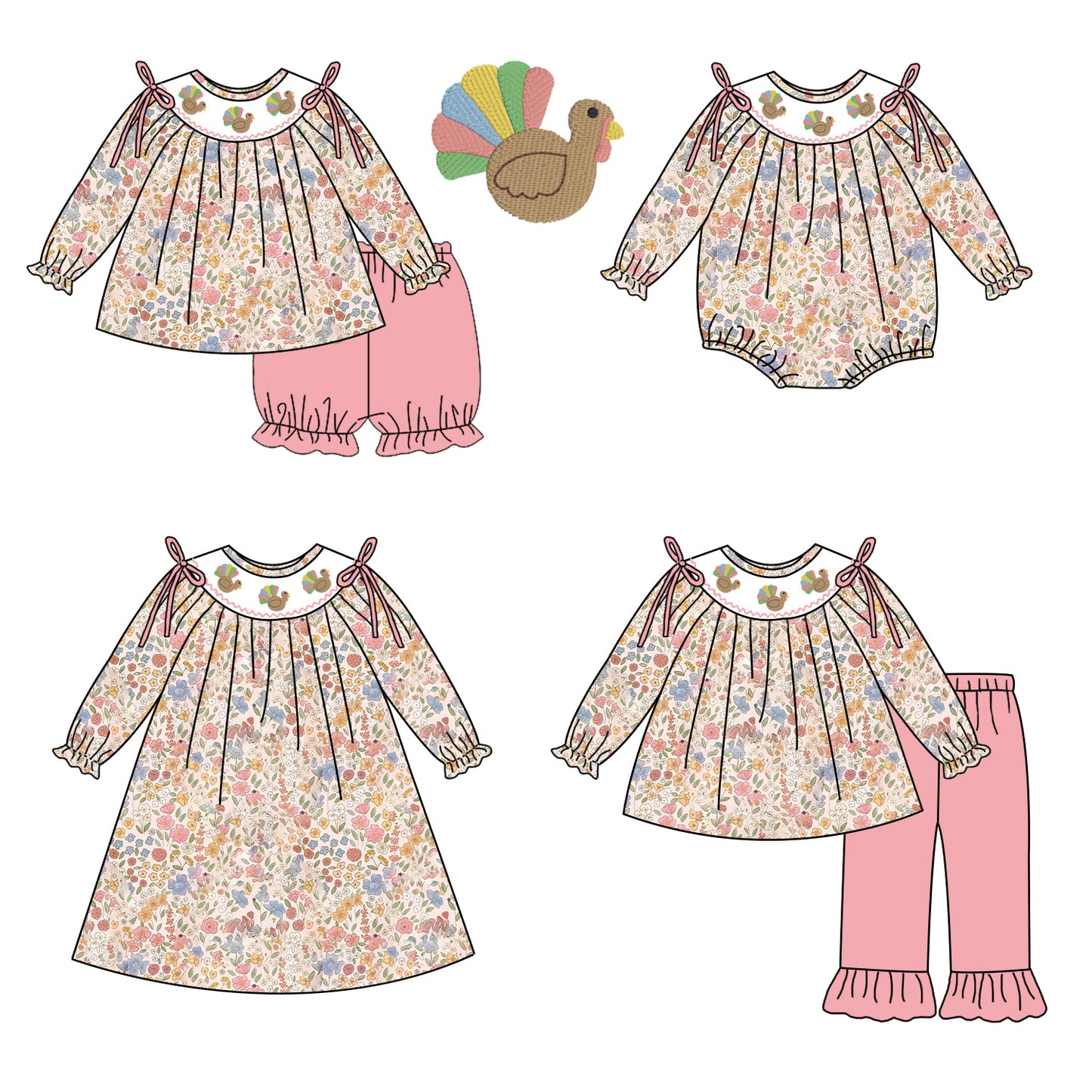 Girls Thanksgiving Turkey Embroidery Sibling Outfits