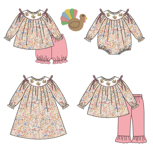 Girls Thanksgiving Turkey Embroidery Sibling Outfits