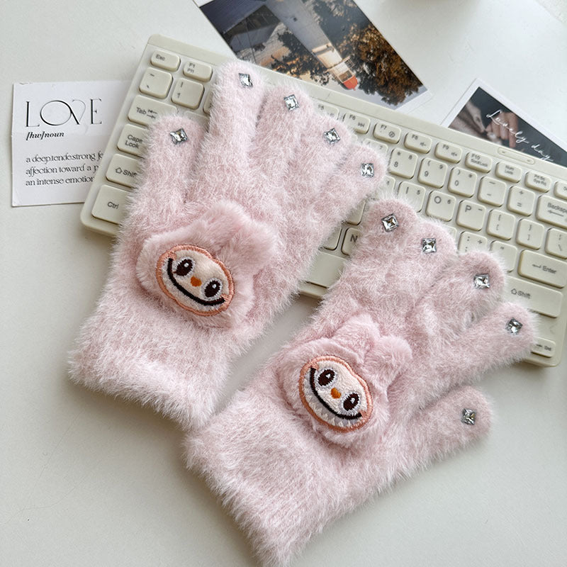 Winter Knit Gloves with Plush Doll Decoration Warm Fuzzy Rhinestone Finger Gloves for Parent Child Matching