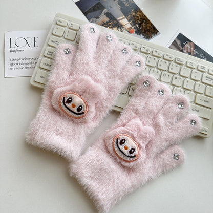 Winter Knit Gloves with Plush Doll Decoration Warm Fuzzy Rhinestone Finger Gloves for Parent Child Matching