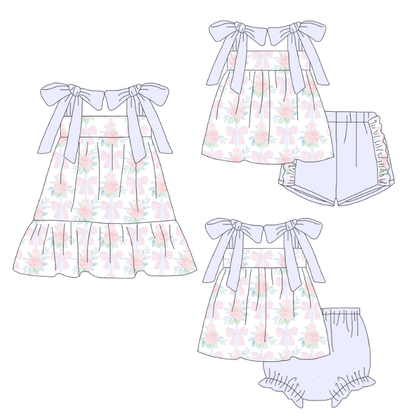 Girls Lavender Bow Floral Matching Dress Outfit Rubble Set