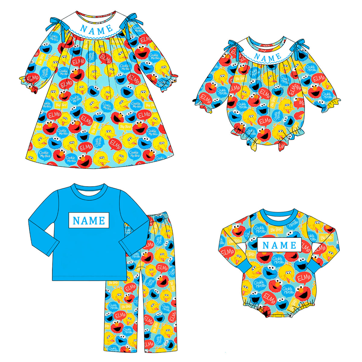 Personalized Kids Cartoon Smocked Embroidery Collection – Custom Name Girls Dress, Bubble Romper & Boys Long Sleeve Pants Set