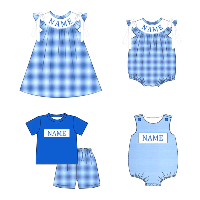 Smocked July 4th Kids Collection – Embroidered Blue Plaid Custom Name Outfits