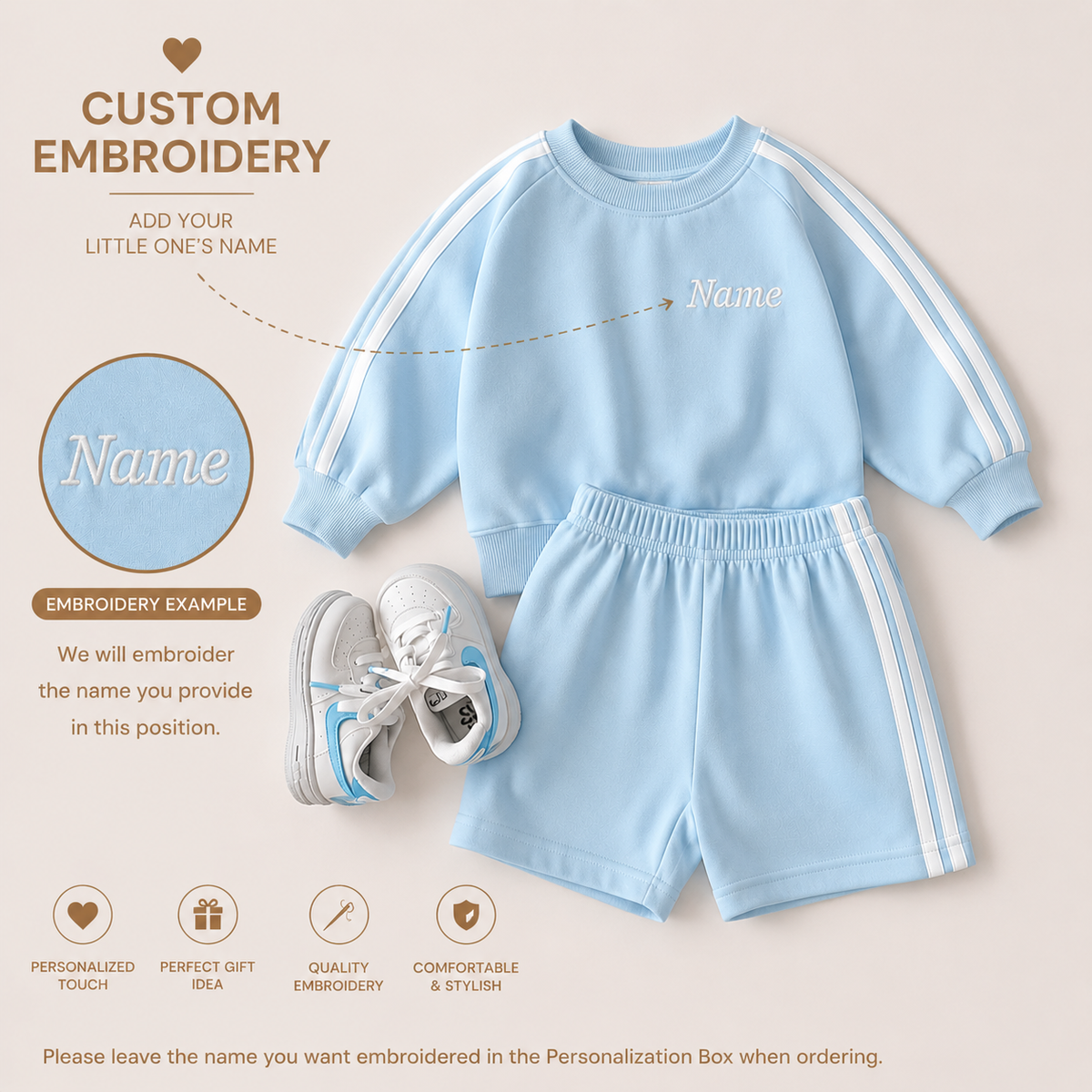 Personalized Boys Cotton 2-Piece Set | Long Sleeve Top & Shorts Outfit | Custom Name Embroidery Optional