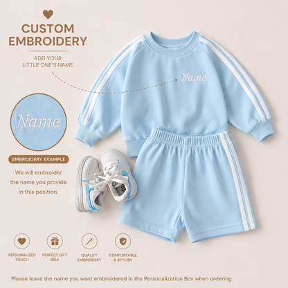 Personalized Boys Cotton 2-Piece Set | Long Sleeve Top & Shorts Outfit | Custom Name Embroidery Optional