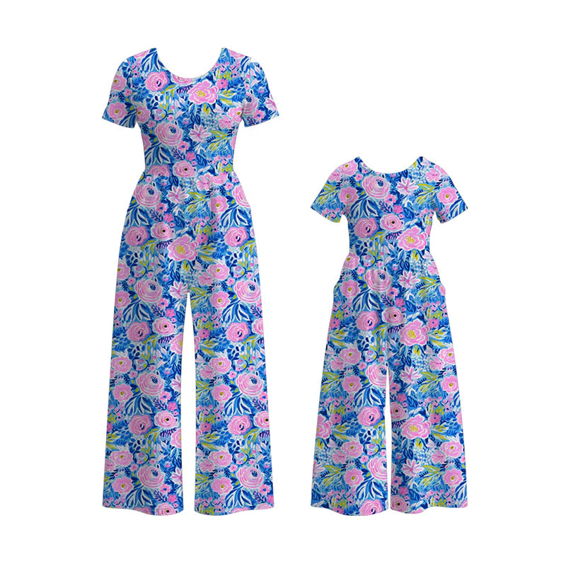 Mommy and Me Blue Pink Floral Print Milk Silk Jumpsuit