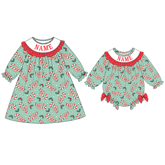 Baby Girls Christmas Custom Name Candy Cane Embroidery Smock Outfits