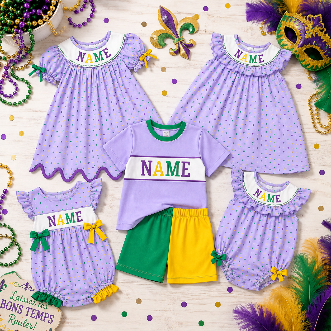 Personalized Mardi Gras Smocked Outfits for Kids – Custom Name Embroidered Sibling Matching Dresses, Rompers & Boys Set