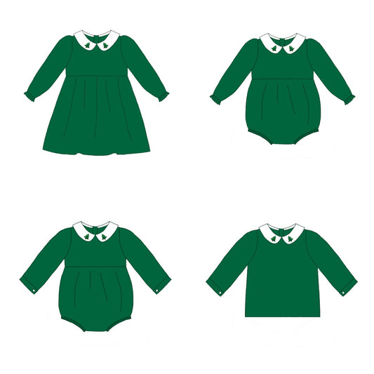 Green Corduroy Christmas Tree Embroidery Sibling Clothes
