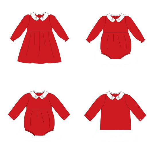 Red Corduroy Christmas Santa Embroidery Sibling Clothes