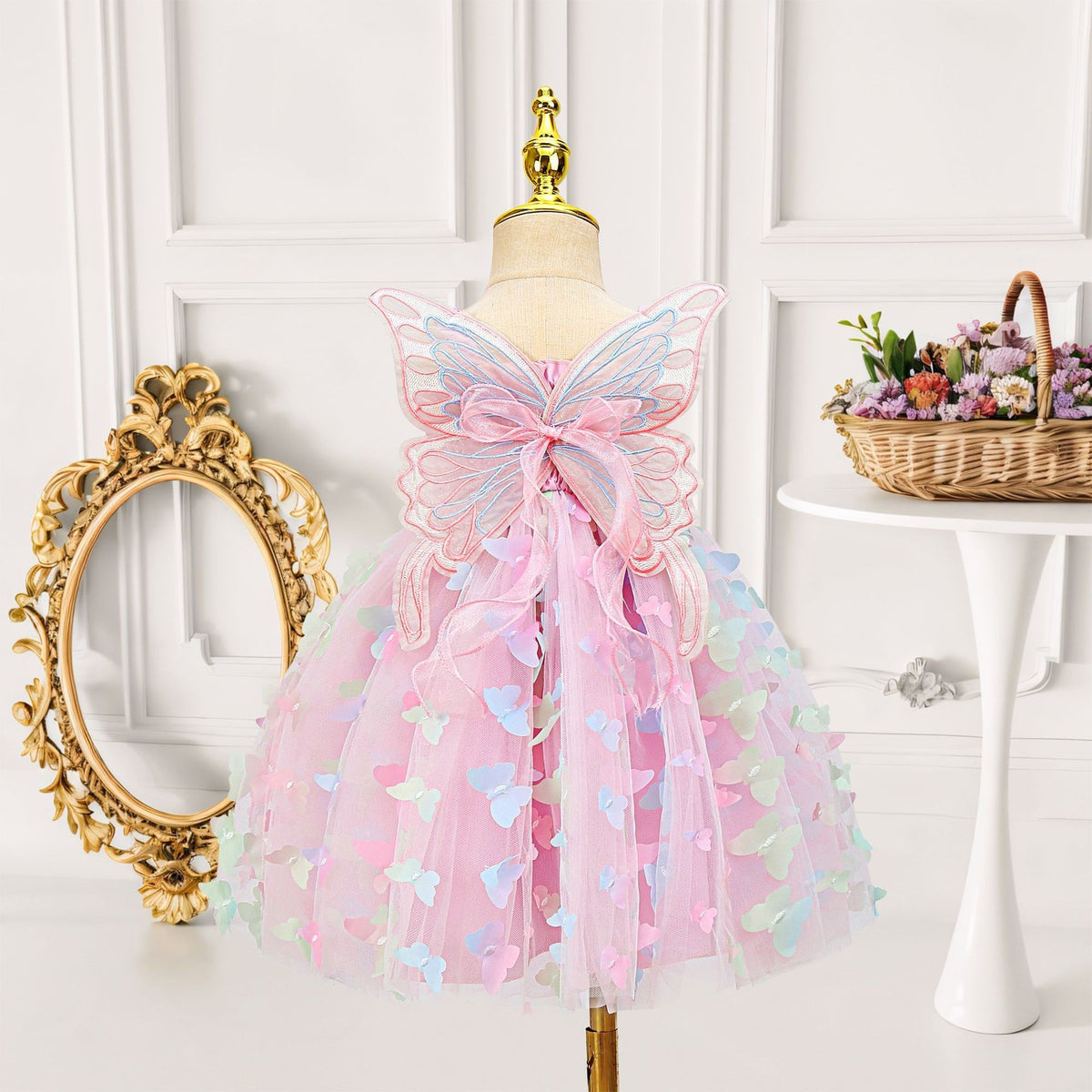 Girls Butterfly Wing Tulle Dress Smocked Spaghetti Strap Party Dress