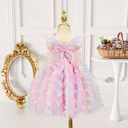 Girls Butterfly Wing Tulle Dress Smocked Spaghetti Strap Party Dress